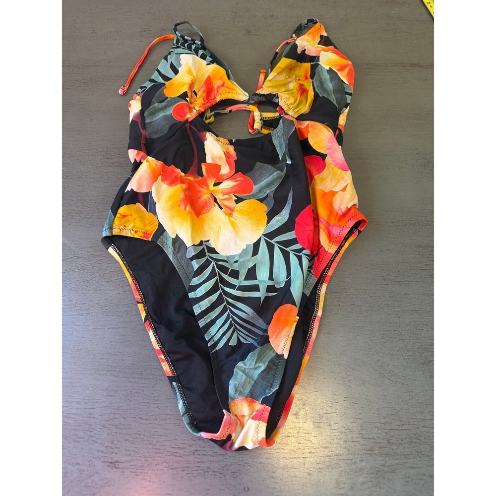 Shade & Shore Tropical Floral Cutout One Piece Swimsuit Black Orange Large